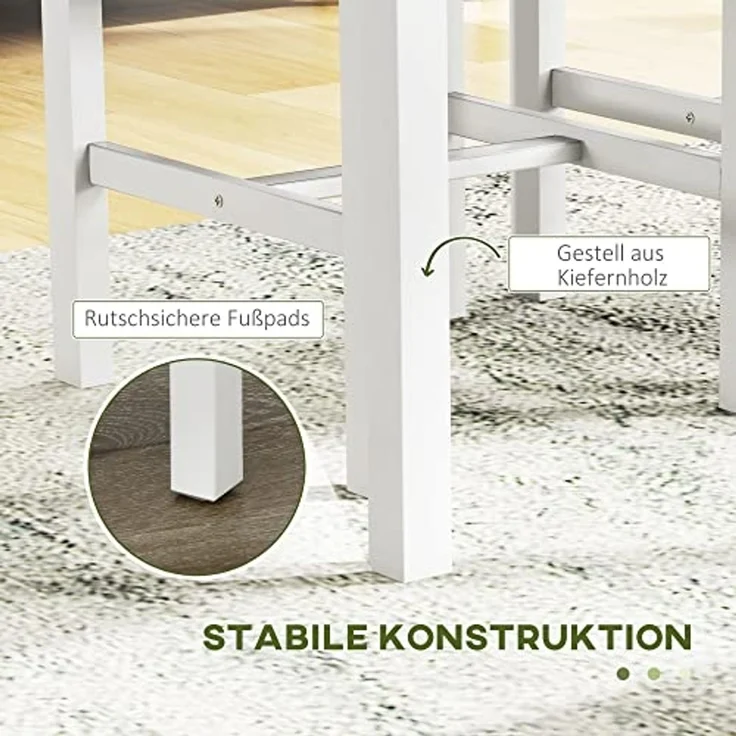 HOMCOM Essgruppe Esstisch mit 2 Gepolsterten Stühlen, Bank, (Esszimmergruppe, 4-tlg, Esstisch-Set), für Küche, Esszimmer, Kiefernholz, Grau+Weiß – Bild 6
