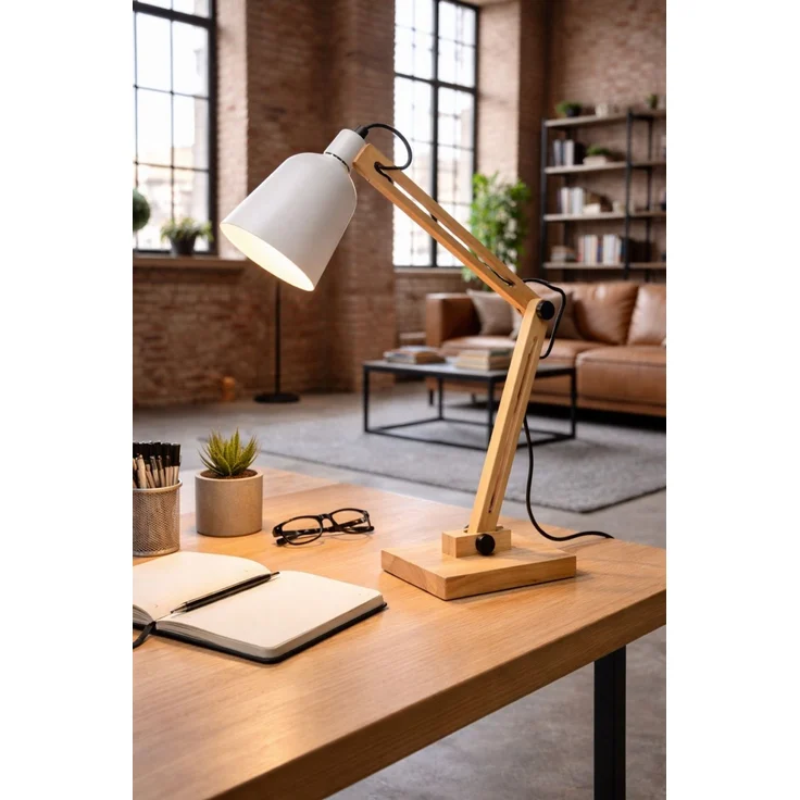 EDGAR Moderne Tischlampe mit Holzdesign und flexiblem Arm weiß ED024