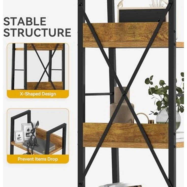 DWVO Schmales hohes Bücherregal 5 Etagen, Industrielles Leiterregal, Bücherregal, Holzregale und Metall, schmal, dünn, Bücherregal, modernes Regal für Wohnzimmer, Flur, Büro, Rustikales Braun – Bild 3