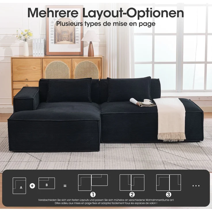 LVHOM Ecksofa 2 Sitzer, Modulares Sofa 235 cm breit, L-Form Sofa mit 2 Kissen, Schlafsofa aus Cordstoff, kein Aufbau erforderlich, Schwarz – Bild 3