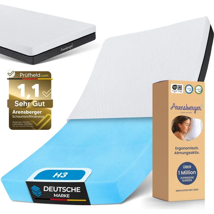 ARENSBERGER SARA Gelschaum Matratze 160x200 cm – 16 cm NANOCELL® Gel-Schaum – H3 Härtegrad – Atmungsaktiv – Abnehmbarer Bezug 240g/m²