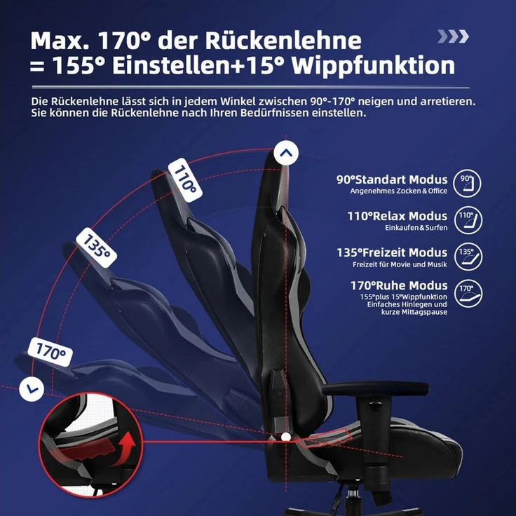 Hiazurm Gaming-Stuhl Gaming Stuhl, Bürostuhl mit Fußstütze,Klappbare gepolsterte Armlehnen (Bürostuhl Chefsessel Wippfunktion bis zu 170), Ergonomischer Gamer Stuhl 150 kg Belastbarkeit – Bild 3
