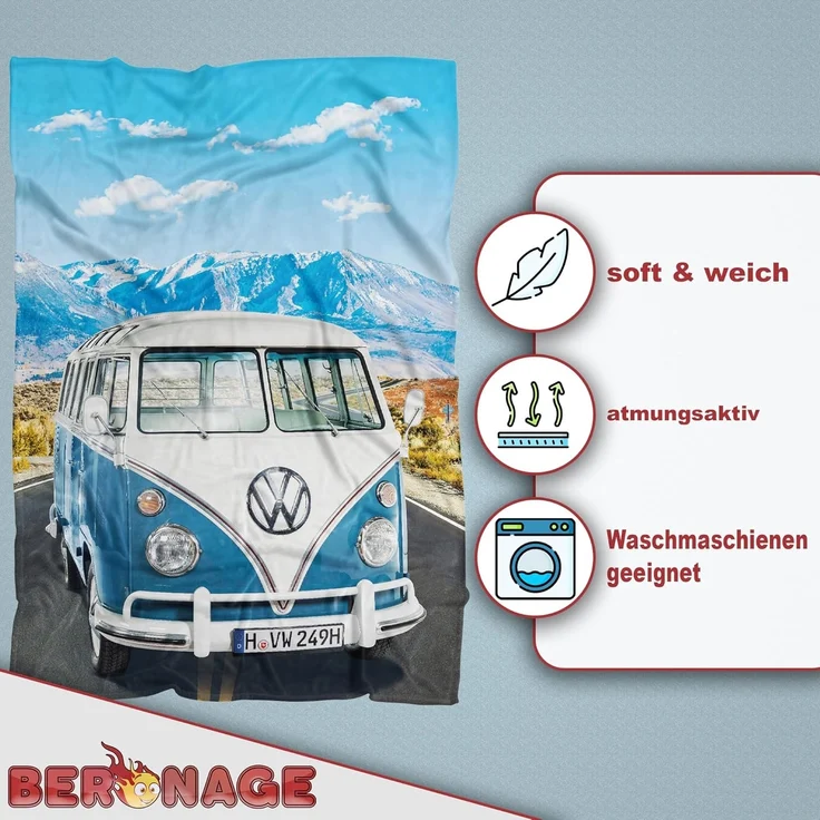 BERONAGE Tagesdecke Volkswagen Decke VW Bulli T1 Adventure Blau 150x200 cm Kuscheldecke, passend zur Bettwäsche, ideal für Sofa, Couch, Bett, Auto, Camping – Bild 7