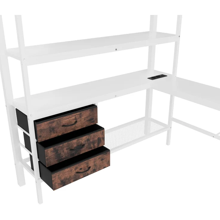EINHOM Hochbett, 140 x 200 cm, mit LED-Leuchten, Schreibtisch, Steckdose + USB, 3 Schubladen, Regale, Geländer, Treppe, Weiß (Ohne Matratze) – Bild 6