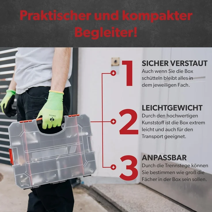 siwitec Sortimentskasten 3 x Sortimentskasten, 16 Fächer, 6 anpassbaren Trennstege, Sortierbox, (3 St), Anpassbar, Verschließbar, Stapelbar – Bild 3