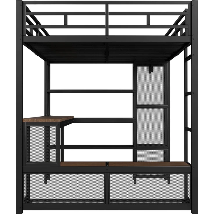 U-life Metall-Hochbett 140x200 cm mit Schreibtisch, offenem Kleiderschrank, USB-Ladestation und LED-Beleuchtung, Schwarz – Bild 6