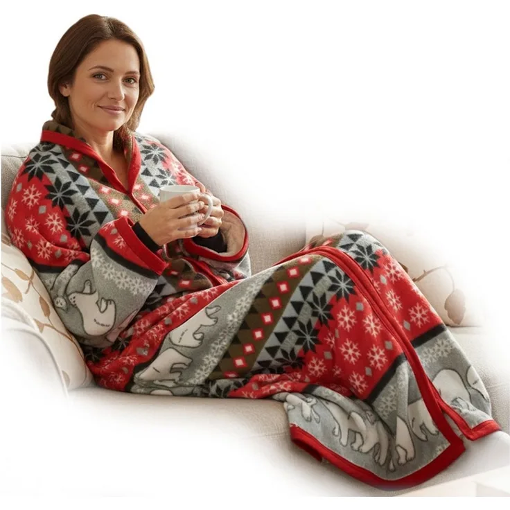 Wohndecke Ärmeldecke CozyBear - tragbare Flanell Sofadecke mit Ärmeln, NYVI, Kuscheldecke mit Ärmeln - TV-Blanket zum Anziehen - Weihnachtsdesign