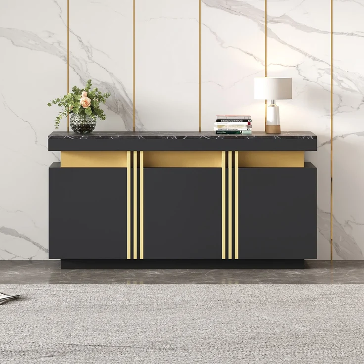 Sideboard 140 x 38 x 70 cm mit Marmoroptik, schwarzer Korpus und goldenen Akzenten, Anrichte mit 3 Türen und 6 Fächern – Bild 6