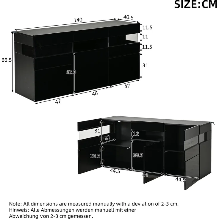 DESVIAE Sideboard Schwarz aus Spanplatte – 140x66,5x40,5 cm – 3 Türen, LED-Beleuchtung – Bild 10