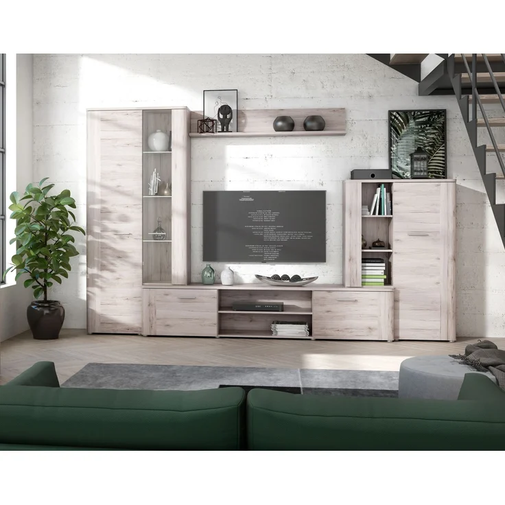 Wohnwand >BIG BANG< LED-Beleuchtung, 5 Türen, Sandeiche Dekor - 308,7x197,6x41,6cm (BxHxT) – Bild 2