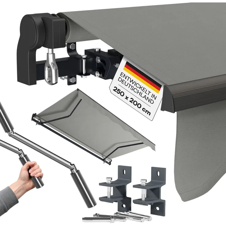 STEELSØN 'Kestria' Gelenkarmmarkise 250x200 cm, grau, wetterfest und blickdicht, Markise mit Aluminium-Kassette und Wandhalterung, Balkonmarkise mit Handkurbel