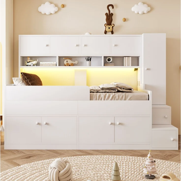 Kinderbett mit Stauraum, LED-Beleuchtung & Sicherheitsgeländer, 90x200 cm, Weiß, ohne Matratze – Bild 2