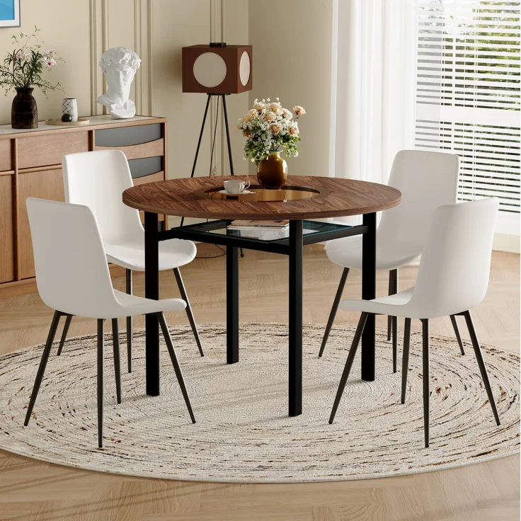 Essgruppe mit 4 Kunstlederstühlen, Tisch Ø 100x76 cm mit Glasablage, Braun/Schwarz/Weiß – Bild 1