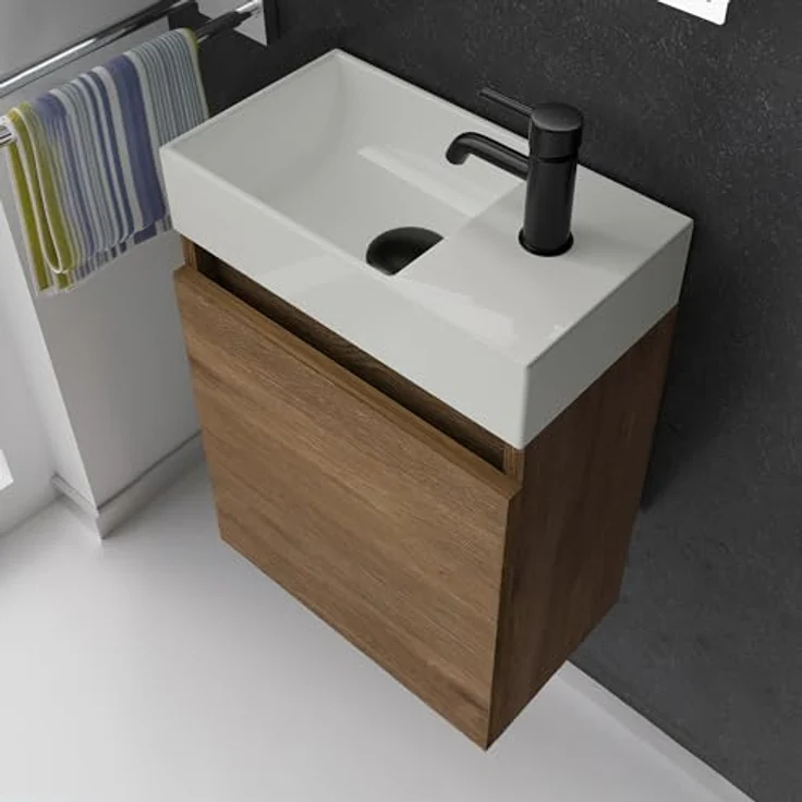 Alpenberger Badmöbel-Set Gäste WC Waschbecken mit Unterschrank - Badschrank Hängend, (2-tlg. Waschtisch Set Eiche, Waschbeckenunterschrank mit Softclose), Waschplätze für Kleine Bäder - Badschrank Hängend und Vormontiert – Bild 4