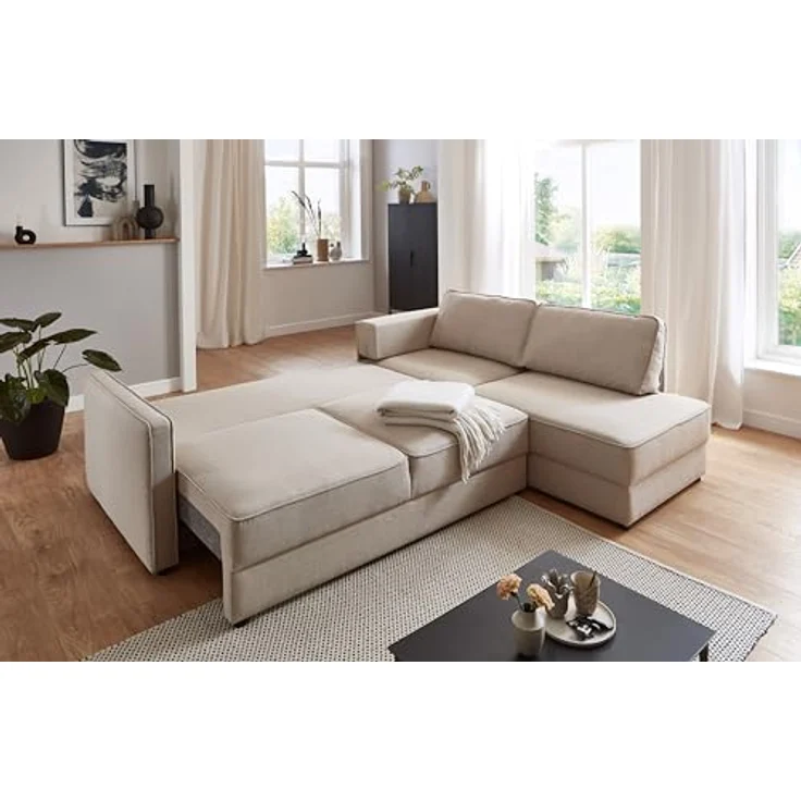 ATLANTIC home collection Eckgarnitur Chill, Schlaffunktion (ca. 135x230 cm), inkl. Bettkasten, frei im Raum stellbar, Wellenunterfederung, Ecke rechts, Creme, BxTxH: 250 x 200 x 86 cm – Bild 6