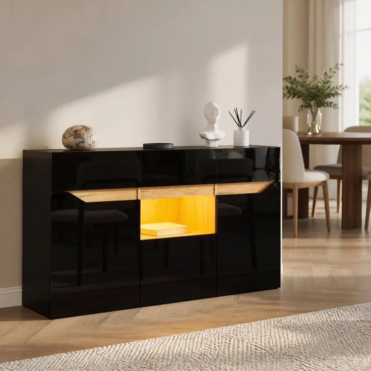 DESVIAE Sideboard mit 4 Schubladen und LED-Beleuchtung 140x70x40 cm Spanplatte Schwarz/Naturholz – Bild 2