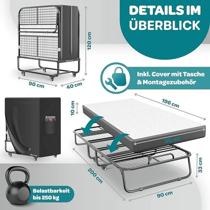 KESSER® Klappbett 200x90cm Gästebett inkl. Matratze aus Memory-Schaum & Rollen | faltbares Reisebett mit Metallrahmen für Erwachsene belastbar bis 250kg | Metallbett mit Schaumstoffmatratze & Cover Anthrazit / Weiß, Deluxe Plus – Bild 2
