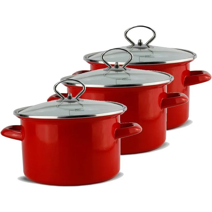 Schäfer Elektronik Topf-Set 3tlg. Töpfe ⌀ 20, 24 und 28 cm Metallic-Rot, Emaille, robuste Stahllegierung (Kapazität: 2,5, 4,5 und 7 Liter), Deckel aus Sicherheitsglas