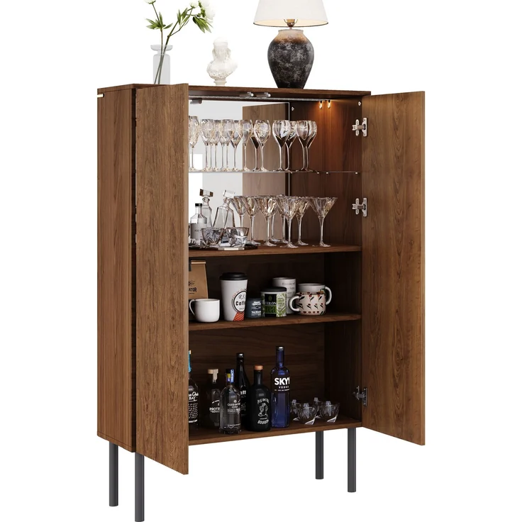 ZUBALIYA Vitrinenschrank 80 x 35 x 145 cm, Weinschrank mit LED-Beleuchtung und Spiegelrückwand, Glasschrank mit Glasboden, Rillenfront, Barschrank für Wohnzimmer, Esszimmer und Küche – Bild 4