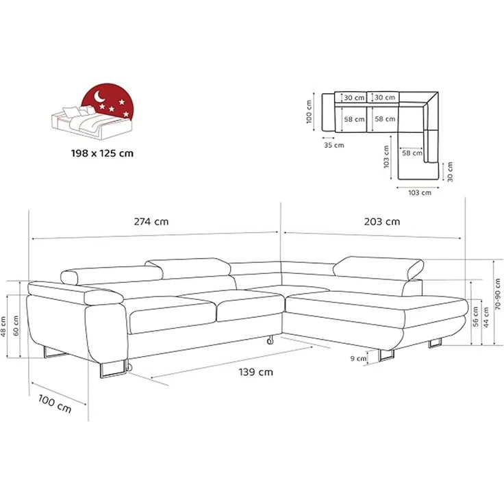 Idohome Ecksofa (Ausrichtung links) mit Schlaffunktion und Bettkasten, komfortable, verstellbare Kopfstützen, 274x203 cm, Lichtfarbe – Bild 3