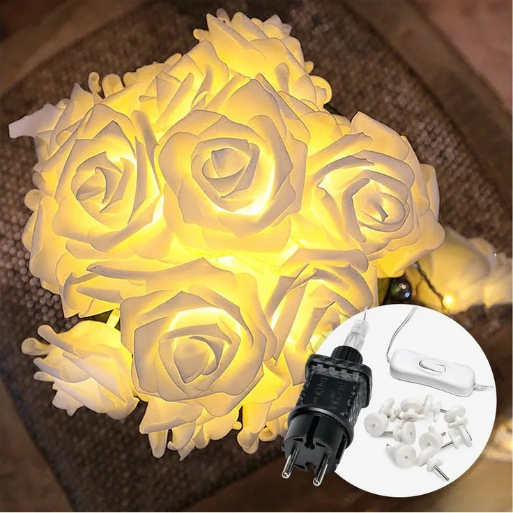 COZY HOME LED-Lichterkette Rosen Lichterkette Batterie & Stecker -, 5 Meter & 20 Blumen LED Warmweiß I Batterie&Stecker I Innenanwendung
