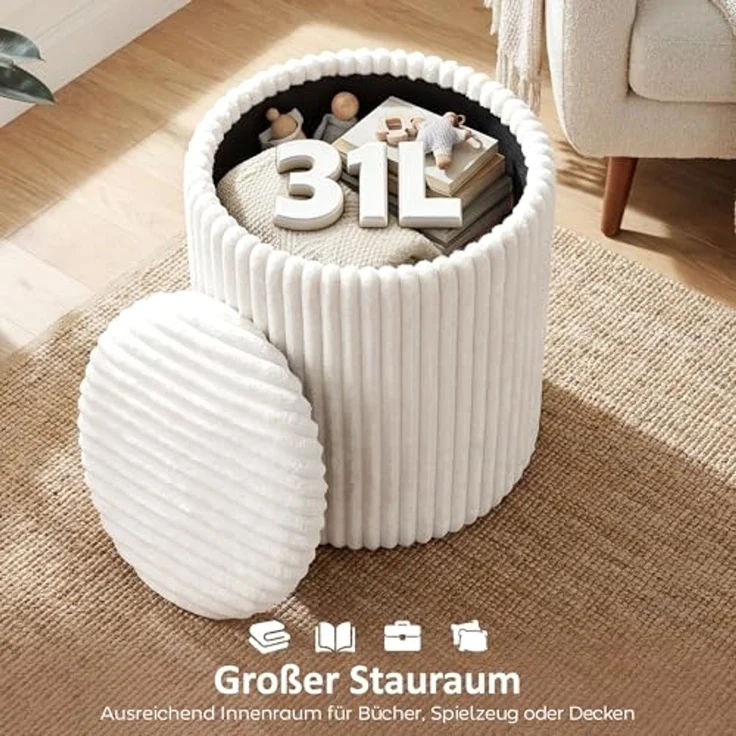 HOMCOM Sitzhocker Runder Polsterhocker (Set, 1 St, Hocker mit Stauraum), mit Stauraum, als Couchtisch nutzbar – Bild 4