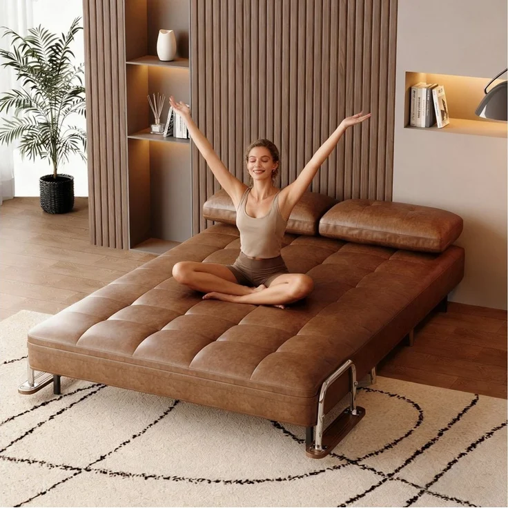 oleyluckidea Schlafsofa 150cm,Lederoptik Sofa ausziehbare Schlafcouch mit Schlaffunktion,braun, Zum Bett umwandelbar, Bettfunktion, Sofabett – Bild 4