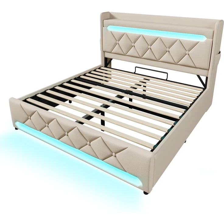 Merax Polsterbett 140*190cm, Doppelbett, Stauraum Kopfteil mit USB und Typ C-Port ,360-Surround-LED-Funktion rund um Kopf- und Fußende des, Leinen, Beige – Bild 9