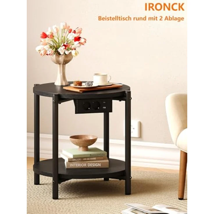 IRONCK Beistelltisch rund, Couchtisch mit Steckdose, Kleiner Tisch Holz, Wohnzimmertisch 2 Ablagen,Sofatisch,USB & Type-C-Anschluss, Metallrahmen, Nachttisch für Schlafzimmer (Schwarz, 1 Stück) – Bild 4