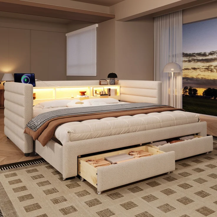 Merax Polsterbett, 90 × 190 cm, Tagesbett, Daybett, Schlafsofa, multifunktionales Ausziehbett-Design, USB- + Typ-C-Anschlüsse, mit 2 Schubladen, LED-Lichtleiste, Samt, beige – Bild 1