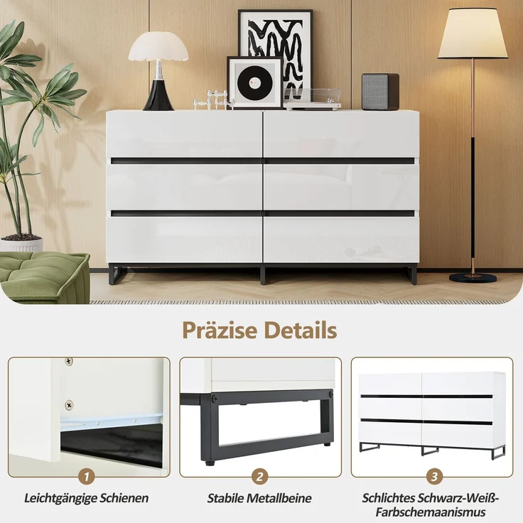 Sideboard 140 x 39,5 x 78,5 cm Weiß mit 6 Schubladen, Hochglanzfront, Metallfüße, großer Stauraum, symmetrisches Design – Bild 7