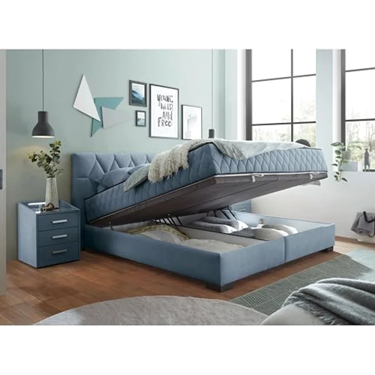 NAGOL B Boxbett 180x200, Denim - Bequemes Doppelbett mit Bettkasten und Premium 9-Zonen-Federkern Wendematratze - 205 x 114 x 214 cm (B/H/T) – Bild 5