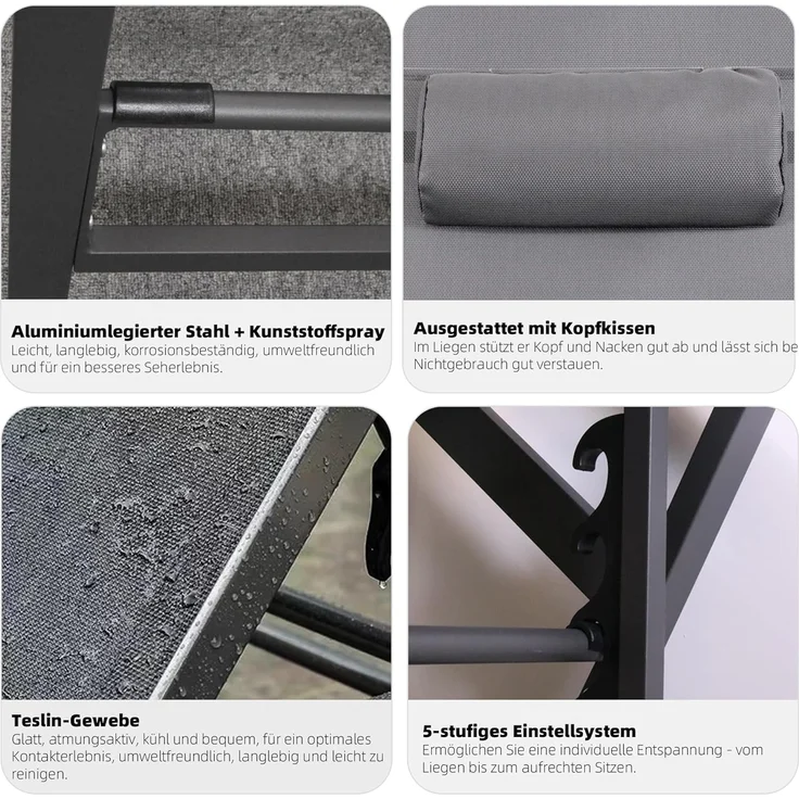 Mucola 1x Sonnenliege und Gartentisch Aluminium Gartenliege 200KG & Rollen wetterfest Teslin Klappliege Camping Terrassentisch – Bild 5