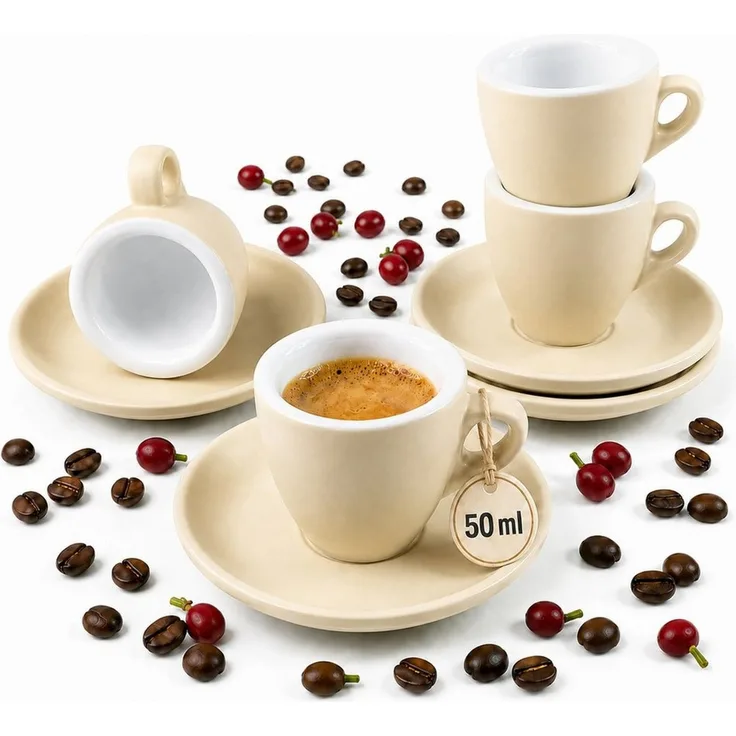 MUVELL Espressotasse Espressotassen 4er Set mit Untertassen, 50ml, Porzellan matt, 4-tlg, Porzellan, Creme, Barista-Design, dickwandig, Soft-Touch