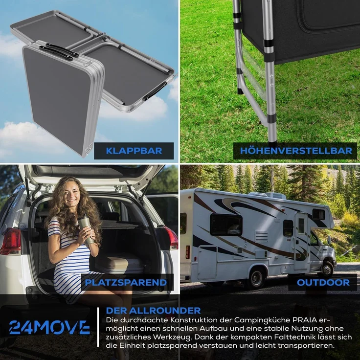 24Move Campingschrank Campingküche PRAIA Outdoorküche Alu (faltbar, höhenverstellbar, tragbar) mit Arbeitsplatte und Staufächern – Bild 5