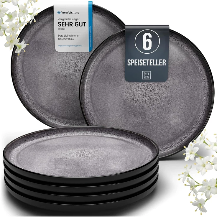 Steingut Teller Groß 6 Personen Ibiza TESTSIEGER, Traumhaftes Mediterranes Steingut Speiseteller Set, Stylisches Essteller Set, Pure Living in Grau
