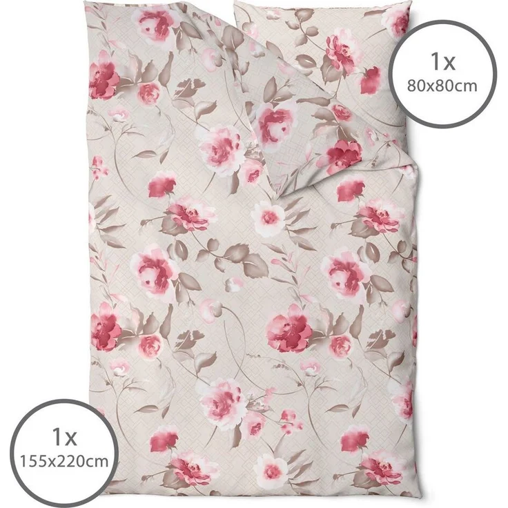 LINKHOFF Bettwäsche Blumen Bettwäsche 135x200 oder 155x220 Creme Beige, Flanell Biber Bettwäsche mit Reißverschluss, Rosen Motiv, Floral – Bild 1