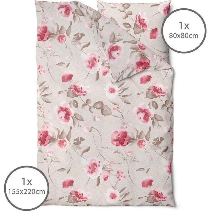 LINKHOFF Bettwäsche Blumen Bettwäsche 135x200 oder 155x220 Creme Beige, Flanell Biber Bettwäsche mit Reißverschluss, Rosen Motiv, Floral