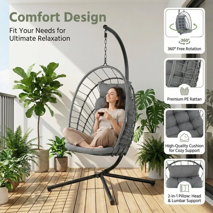 TLGREEN Hängesessel mit Gestell, Klappbarer Eiersessel, 360° Drehbar (Indoor & Outdoor Schaukelstuhl, Ergonomischer Relaxsessel mit Kissen), für Garten Balkon Wohnzimmer, Belastbar bis 160kg – Bild 3