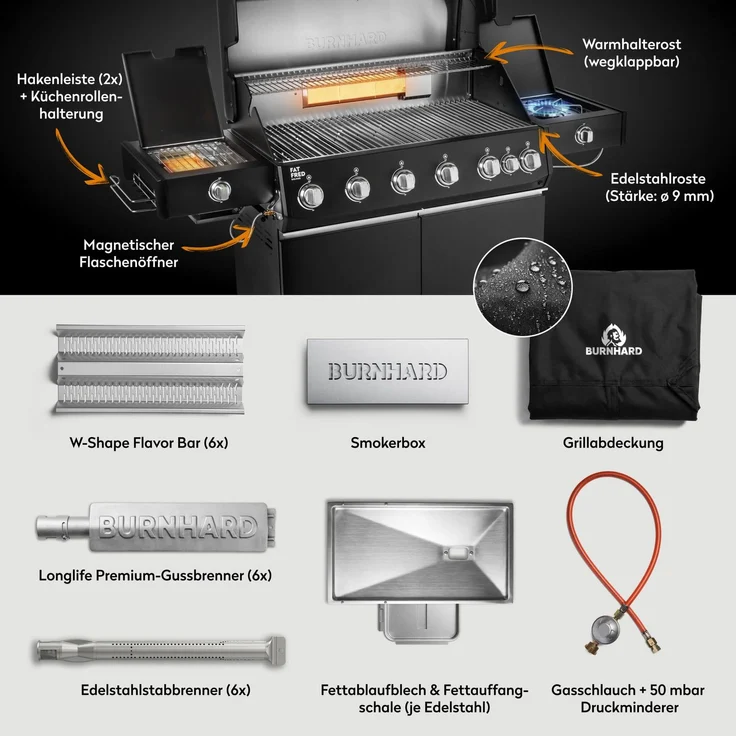 BURNHARD® Gasgrill 6-Brenner, 6x Longlife Premium-Gussbrenner, 900°C Infrarot-Keramikbrenner, Seitenkochfeld, Heckbrenner, Piezo-Zündung, Edelstahlrost, Fat FRED Deluxe+, Schwarz – Bild 4