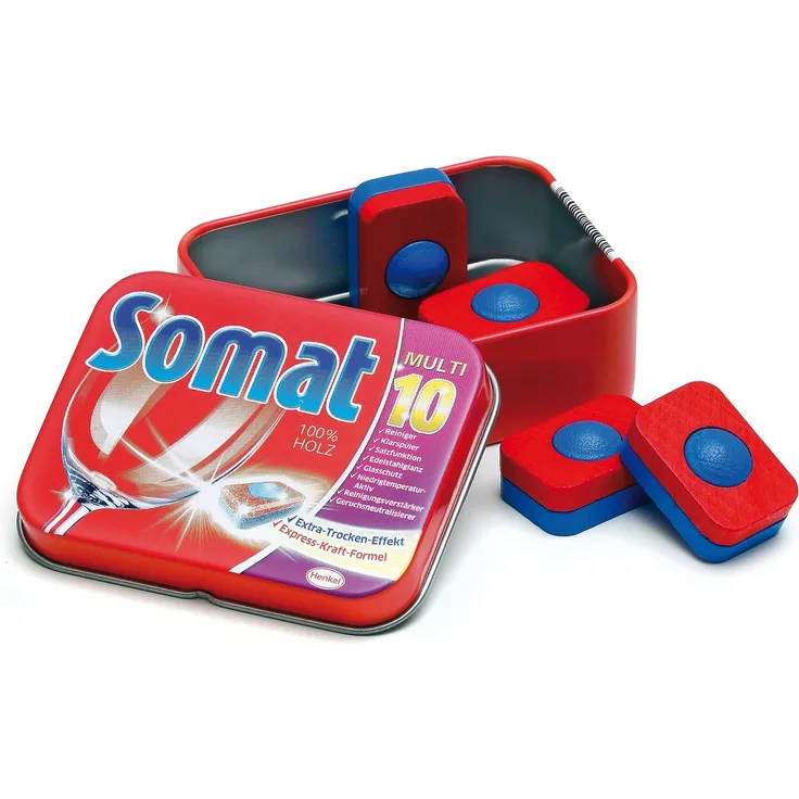 Erzi 21205 Geschirrspültabs Somat aus Holz in der Dose, Kaufladenartikel für Kinder, Rollenspiele