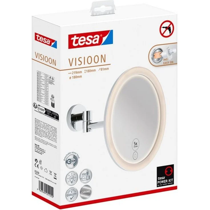 tesa Schminkspiegel Visioon Kosmetikspiegel mit Beleuchtung, Montage ohne Bohren, Chrom (Komplett-Set, 1-St, Make-Up-Spiegel mit Schwenkarm, USB-C-Ladekabel, Power. Kit Klebelösung), Wandspiegel mit dimmbaren LEDs, 5-fach Vergrößerung, Touch-Bedienung – Bild 4