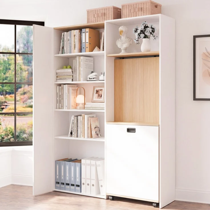 Klappbarer Schreibtisch mit Ablagen –2-in-1-Bücherregal und Schreibtisch, klappbar, mit Steckdose und USB-Anschluss, höhenverstellbare Ablagen, Kippschutz, weiß-Schreibtisch,Eck-Schreibtisch –links – Bild 2