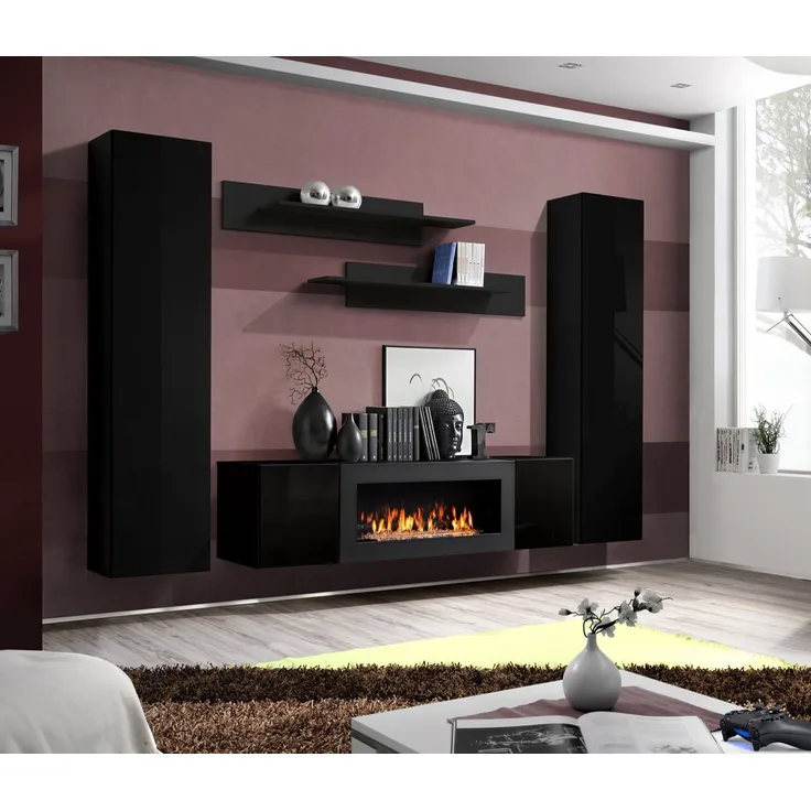 Hängende Wohnwand mit Bio Kamin Fly M1 in Schwarz 260 x 170 cm 5-teilig
