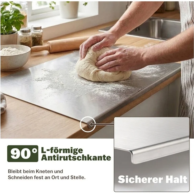 PRIISF Schneidebrett Edelstahl Schneidbrett 50x40 cm Küche Schneidebrett mit Anschlagkante, Edelstahl, (rutschfest Schneidbrettchen Generic Arbeitsplatte Knetbrett XXL Groß, Schweres Schneidebretts Beidseitig Verwendbar für Obst Gemüse Fleisch), Doppel... – Bild 3