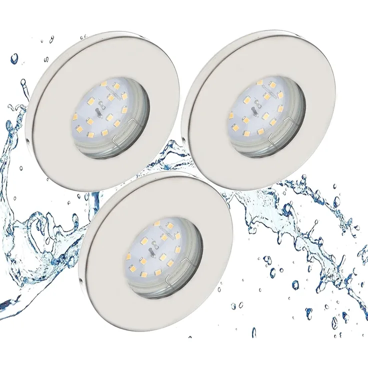 TRANGO LED Einbauleuchte, 3er Set 6729IP65-032MO LED Einbaustrahler IP65 aus Edelstahl gebürstet inkl. 3x 5 Watt 3000K warmweiß Ultra Flach LED Modul für Bad, Dusche, Einbauspots, Deckenstrahler, Deckenlampe, Badleuchte