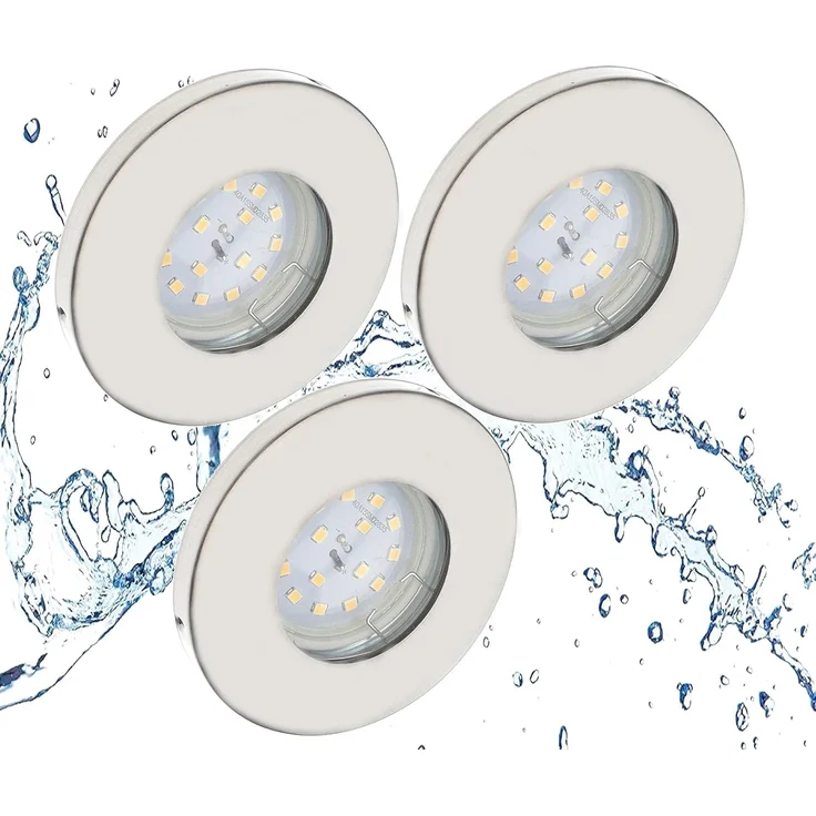 TRANGO LED Einbauleuchte, 3er Set 6729IP65-032MO LED Einbaustrahler IP65 aus Edelstahl gebürstet inkl. 3x 5 Watt 3000K warmweiß Ultra Flach LED Modul für Bad, Dusche, Einbauspots, Deckenstrahler, Deckenlampe, Badleuchte