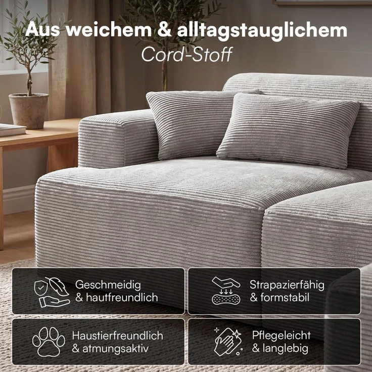 skølm 'Freki' Cloud Sofa 4 Sitzer mit Hocker, Vollschaumcouch mit Federkern und Vakuum-Kompression, kein Aufbau erforderlich, mit 3 Kissen, Cord grau – Bild 5