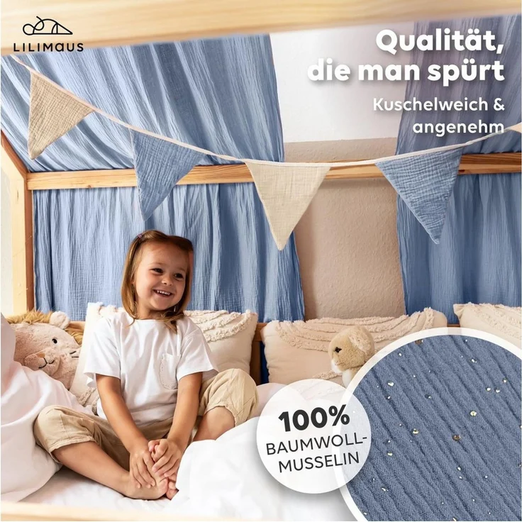 lilimaus Betthimmel Hausbett Himmel Gold aus Musselin - 2er-Set für Kinderbett (1-tlg), 2 Stoffbahnen mit feinen Goldapplikationen - schnell montiert – Bild 2