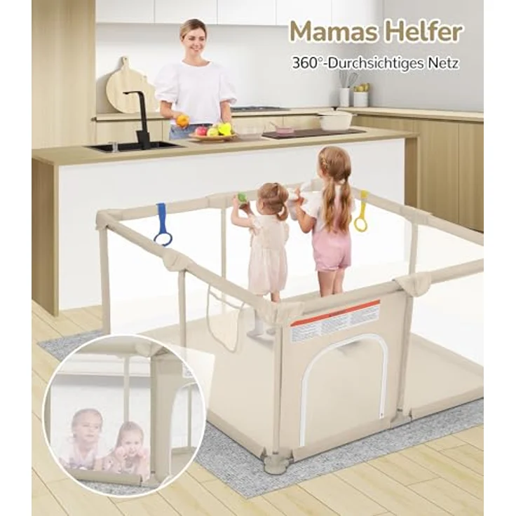 Dripex Laufstall Baby 124x124 cm, Laufgitter Baby, Laufstall mit atmungsaktivem Netz, Laufgitter 210D Oxford Gewebe, Playpen, kinderlaufstall, Braun – Bild 2